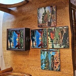 Set of 4 Camping Themed Coaster Tiles with Wooden Tiled Box